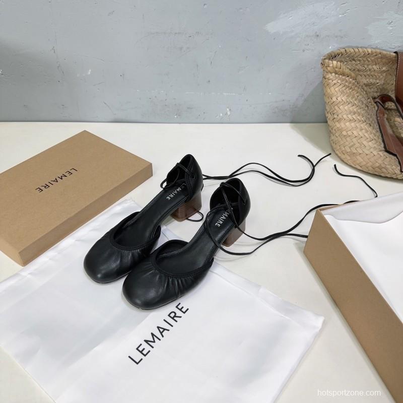 2025 Women LEMAIRE Black Leather Mary Jane Lace-up Shoes