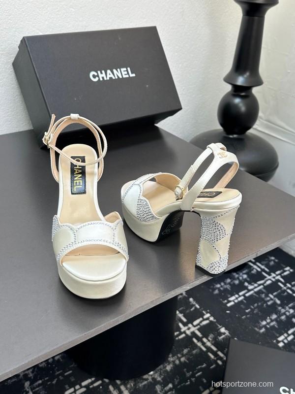 2025 Women Chanel White Leather Platform Sandals Beaded LY00320