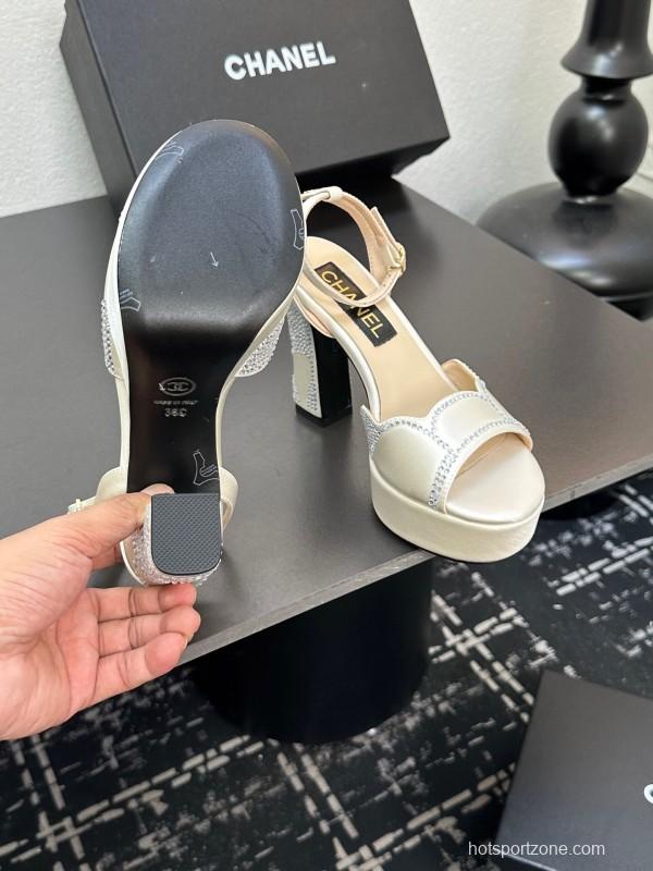 2025 Women Chanel White Leather Platform Sandals Beaded LY00320