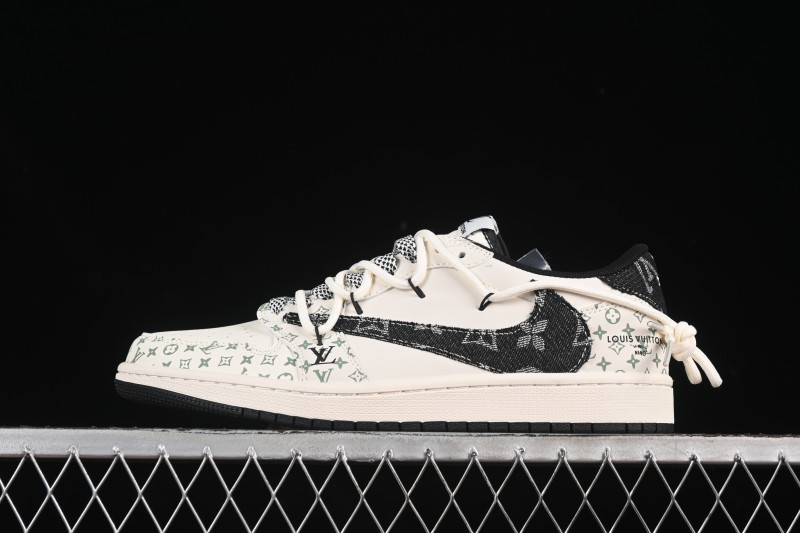 Nike Travis Scott x Fragment Design x Air Jordan 1 Low OG SP Black Print Drawstring Low-Top Casual Sneakers - YX5066-325