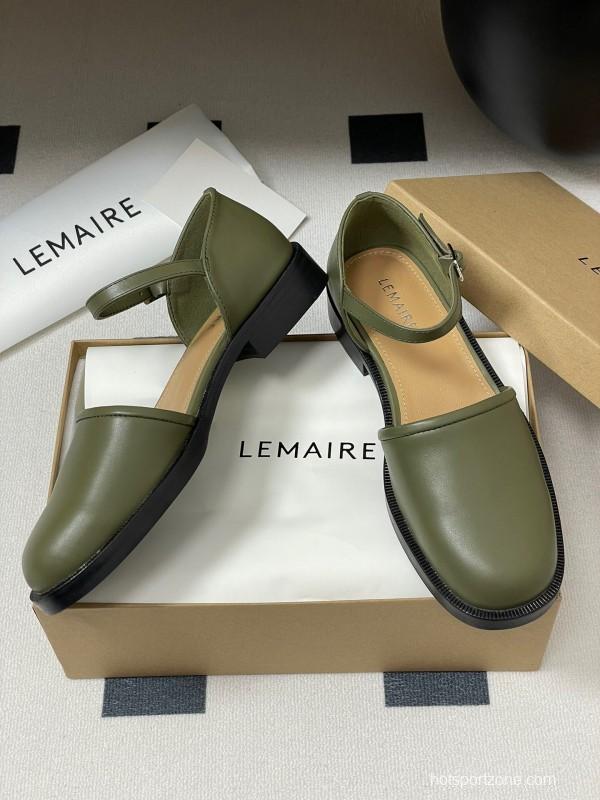 2025 Women Lemaire Green Leather Mary Jane Shoes