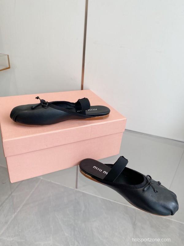2025 Women Miu Miu Black Leather Ballet Flat Elastic Band