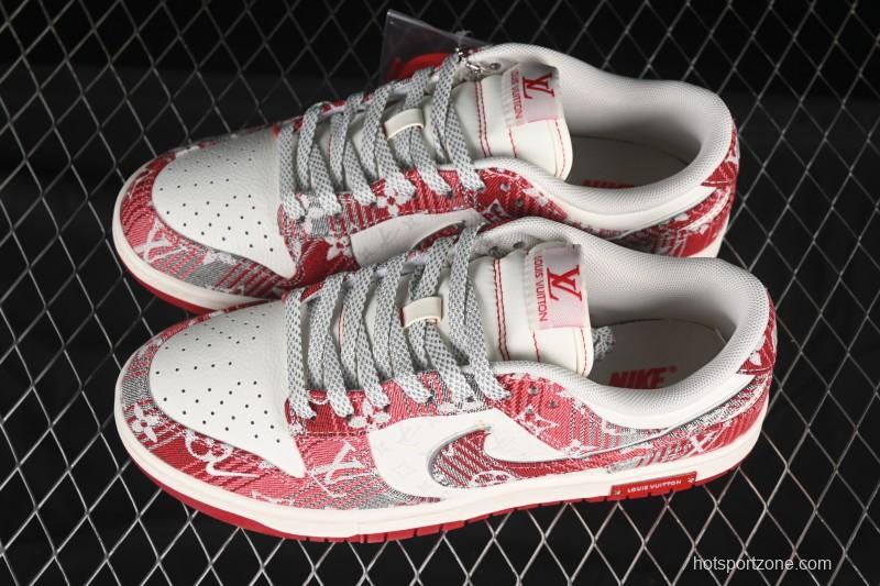 Nike SB Dunk Low LV Collaboration Grey Red Denim Anniversary High-End Custom Low-Top Casual Skate Shoes - SC9772-809