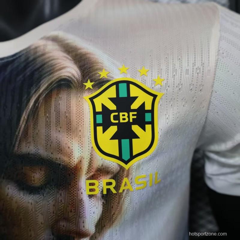 Player Version 2025 Brazil White with Jesus Praying Portrait Jersey