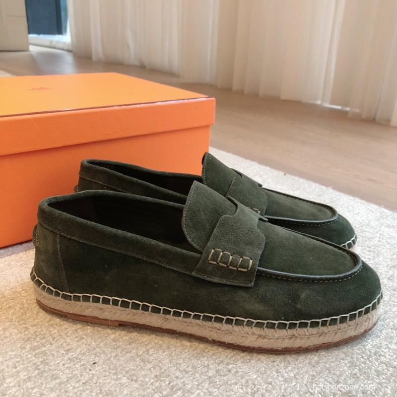 2025 Unisex Hermès Dark Green Suede Leather Loafers AS00380