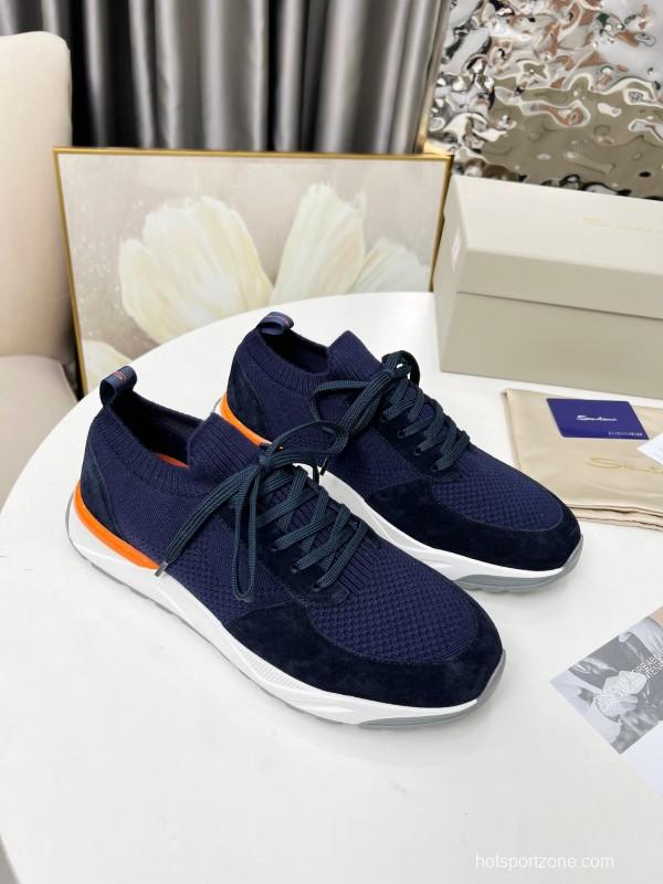 2025 Unisex Santoni Navy Orange Wool Knit Leather Sneakers AS00320