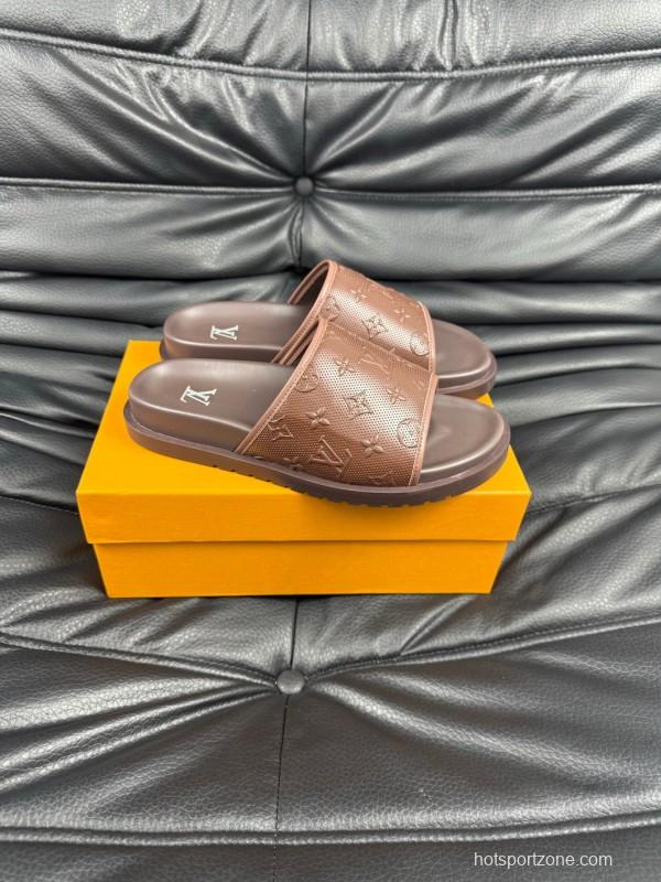2025 Men Louis Vuitton Brown Leather Slippers AS00170