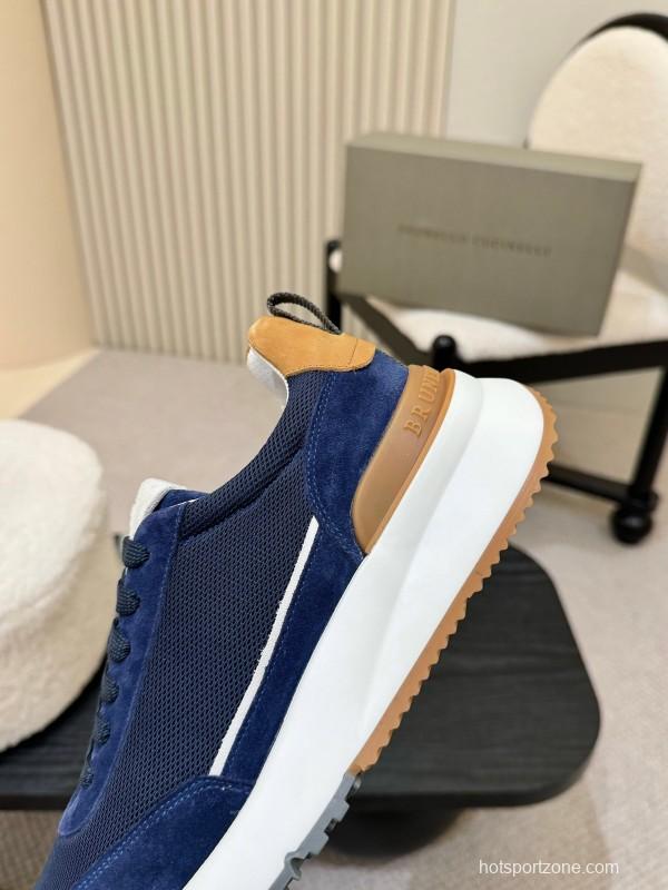2025 Men Brunello Cucinelli Navy White Brown Calfskin Leather Sneakers AS00320