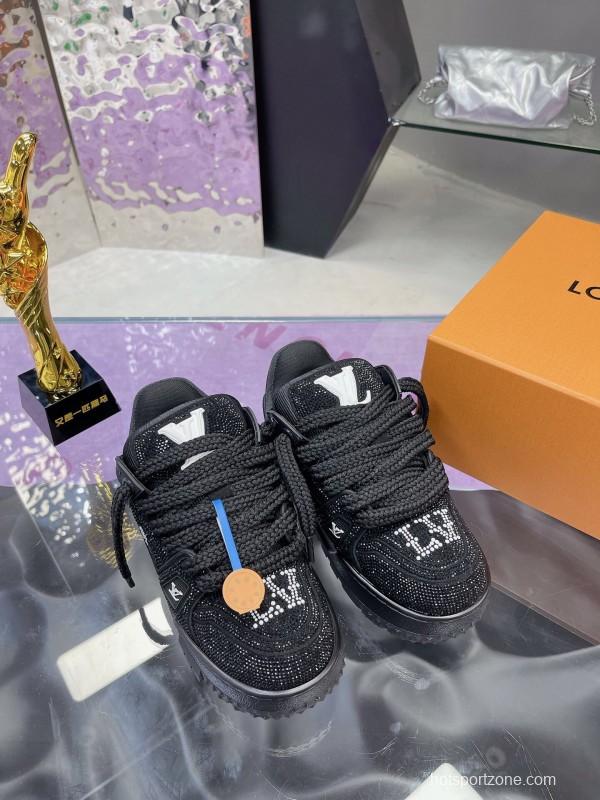 2025 Women Louis Vuitton Black Crystal Trainer Leather Plimsolls Bing Bing AS00420