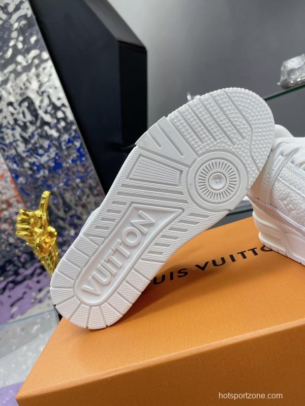 2025 Unisex Louis Vuitton White Leather Denim Trainers With Beads AS00400