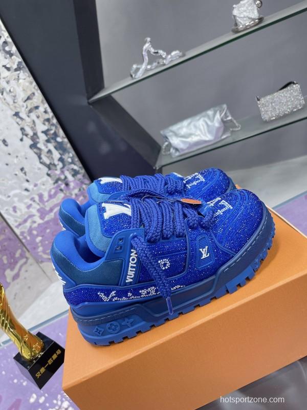 2025 Women Louis Vuitton Blue Crystal Trainer Original Custom Bing Bing Luxury Crystal Rhinestone High Temperature Hot Pressing TPU Sole AS00420