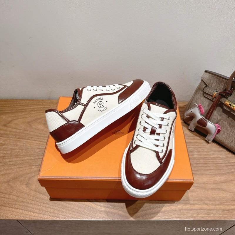 2025 Unisex Hermes Brown White Fabric Leather Sneakers AS00380