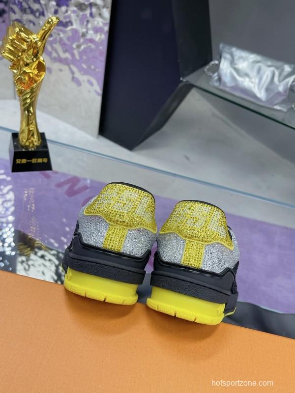 2025 Unisex Louis Vuitton Black Grey Yellow Leather Fabric Plimsolls Handcrafted Rhinestone AS00400
