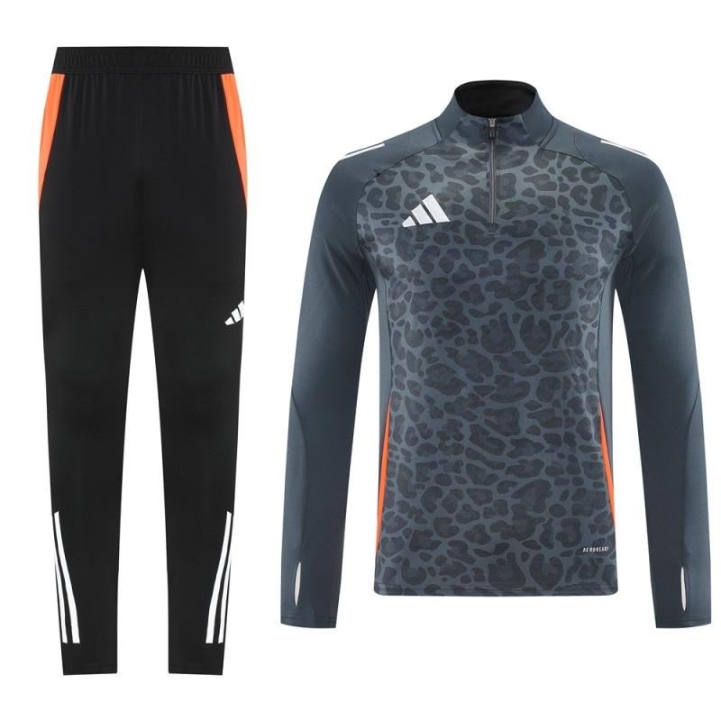 2025 Adidas Dark Grey & Black with Leopard Print Pattern and Orange Accents Half Zipper Jacket +Long Pants