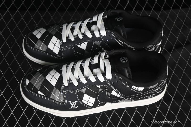 Nike SB Dunk Low LV Collaboration Black White Grid High-End Custom Low-Top Casual Skate Shoes SC0601-460