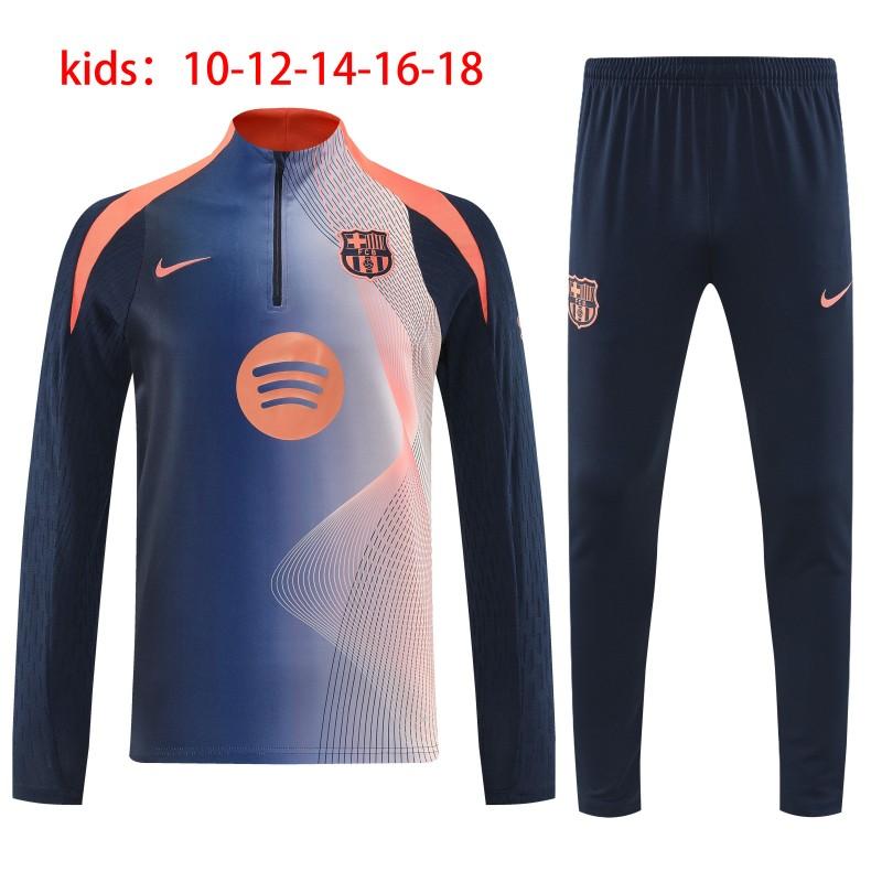 Kids 25/26 Barcelona Navy Blue with Orange Gradient Pattern Half Zipper Jacket Tracksuit +Long Pants