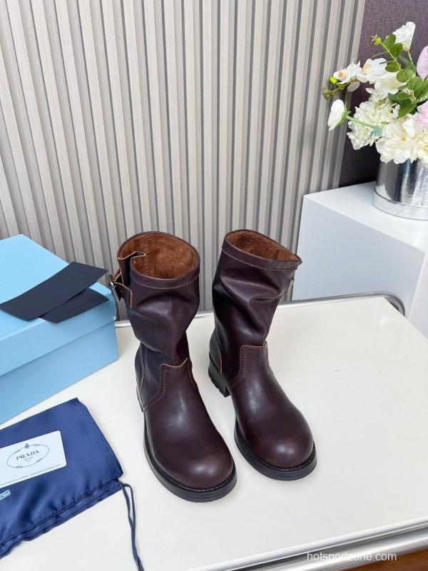 Prada 2025 SS Retro Martin Boots Motorcycle Boots - LY00350