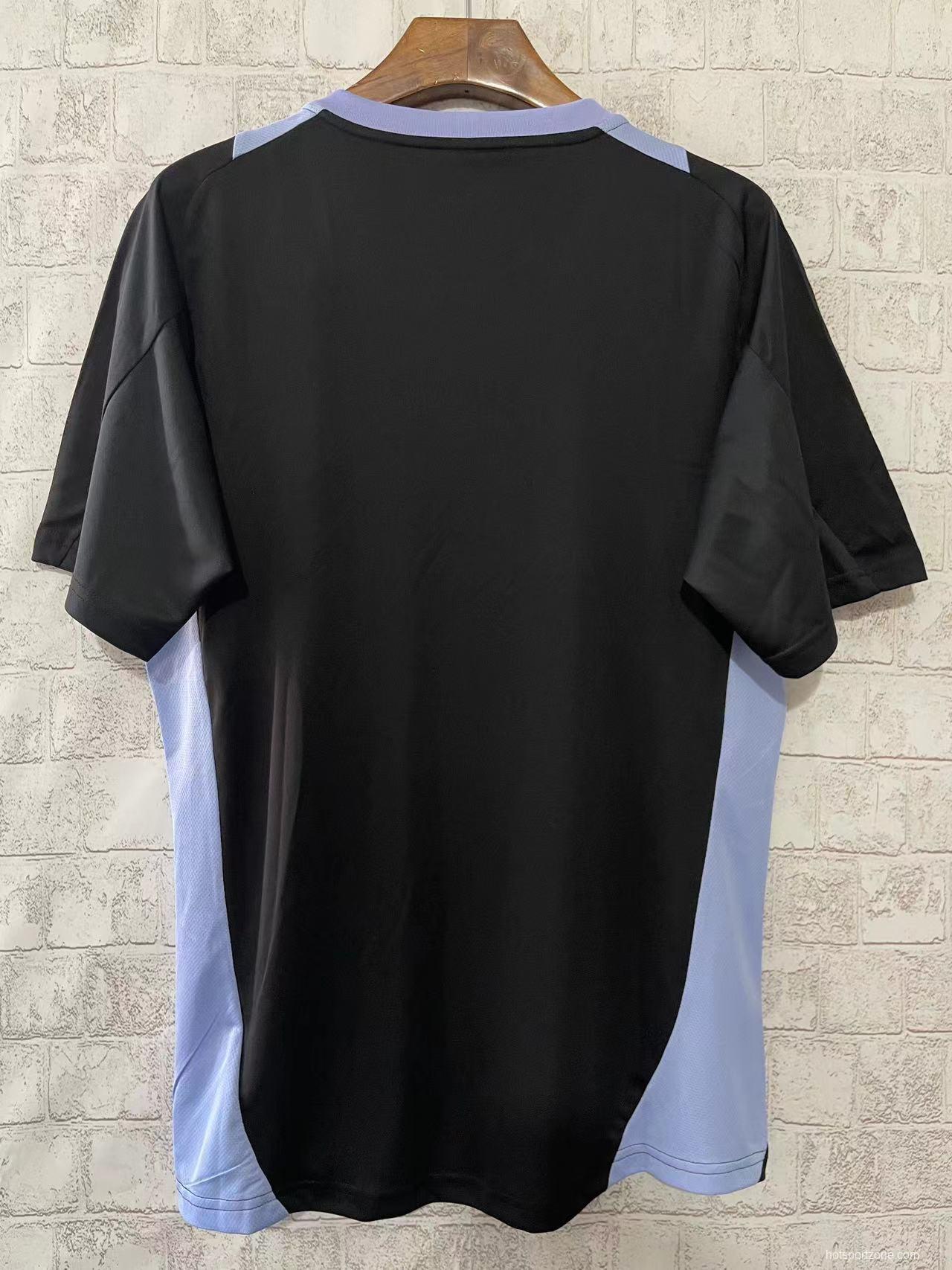 2024 New Zealand All Blacks Black with Light Blue Side Panels and Three Stripes Jersey