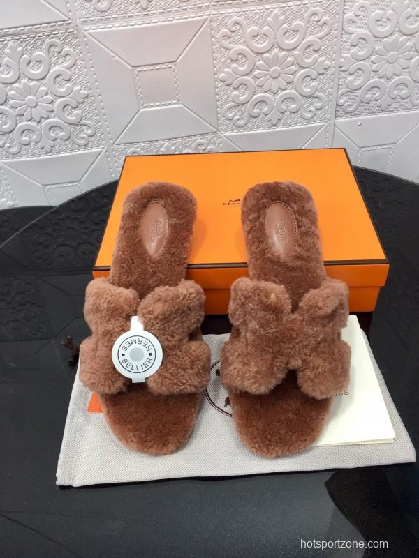 H Eiderdown Teddy Wool H Slippers Flat Sole Winter Home Shoes - LY00240