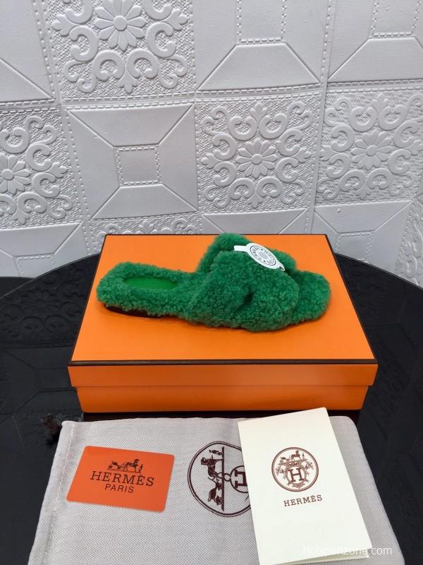 H Teddie Wool H Slippers Flat Sole Winter Home Shoes - LY00240