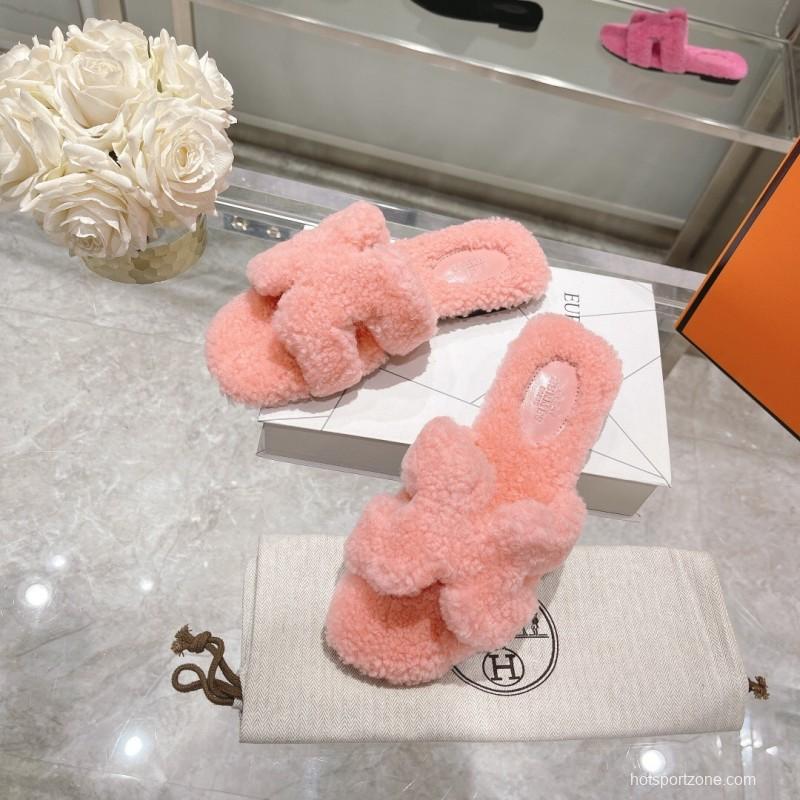 H Teddy Wool H Slippers Flat Sole Autumn Winter - LY00240