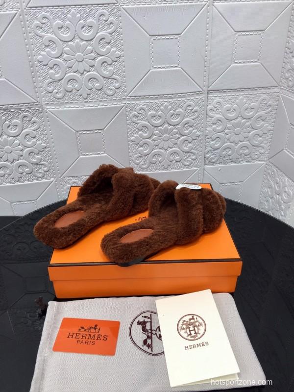 H Teddy Wool H Slippers Flat Sole Winter Fur Slippers - LY00240