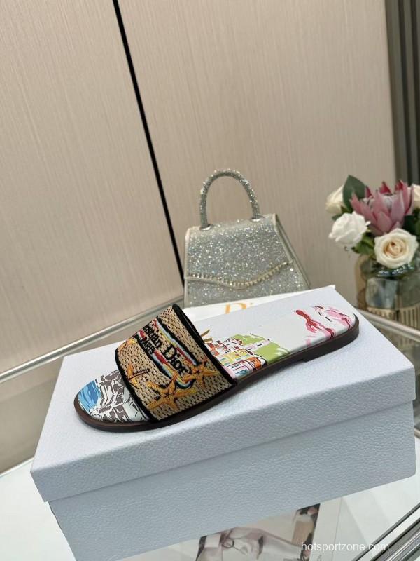 Dior 2025 SS Embroidered Monogram Slippers for Women with Lambskin Lining - L Y00200/L Y00240