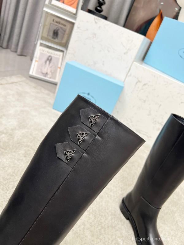 Prada Classic Triangle Logo Pointed Toe Boots - LY00400