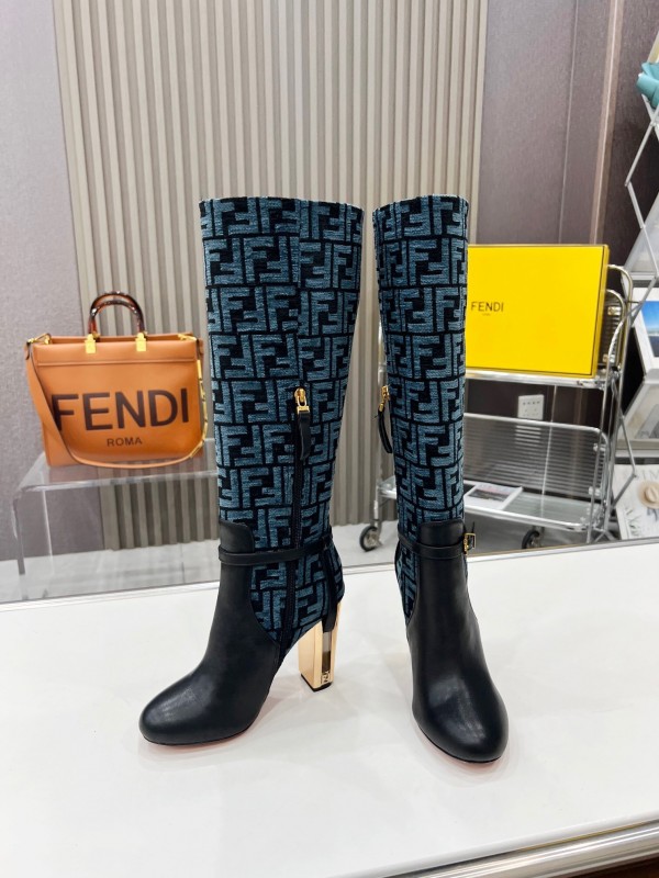 FENDI Delfina Round Toe Boots with FF Buckle and Heel Detail - LY00