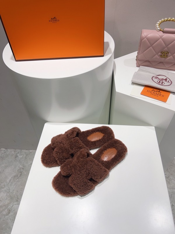 H Teddy Wool H Slippers Flat Sole Fur Slippers - LY00240