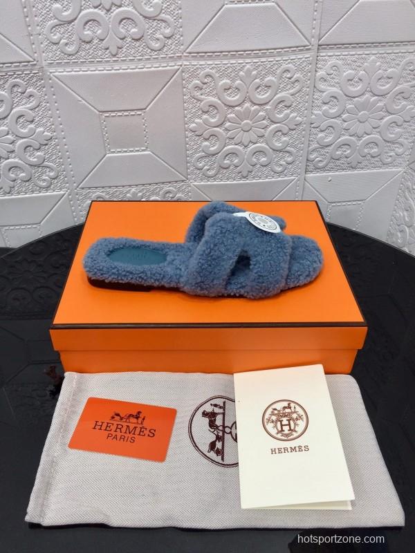 H Teddy Wool H Slippers Flat Sole Autumn Winter - LY00240