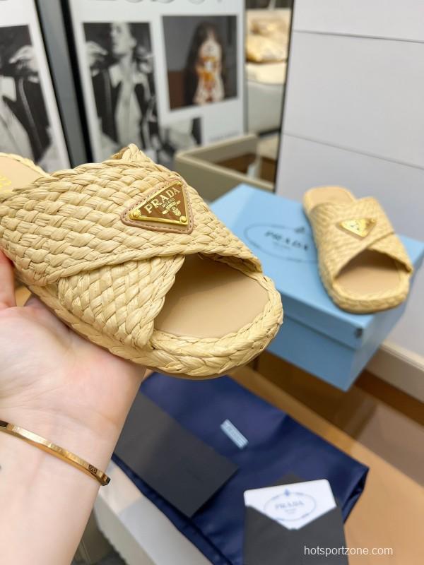 Prada Raffia Handwoven Cross Sandals 2025SS - KFY00260