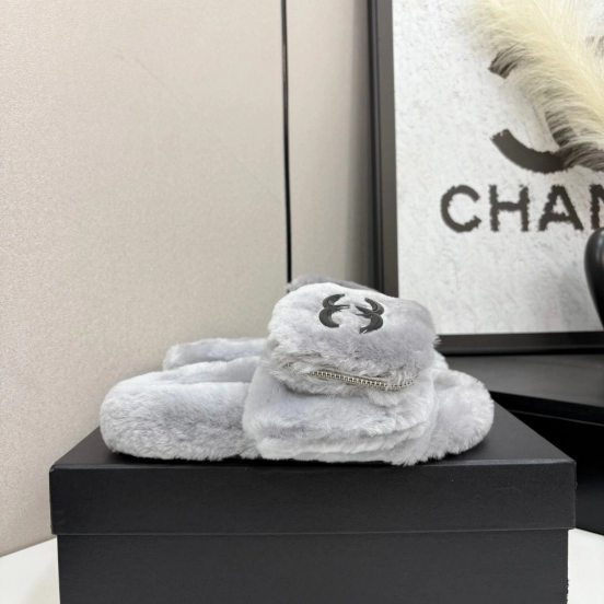 Chanel Fluffy Slippers Latest Color Design with Rubber Sole - LY00270