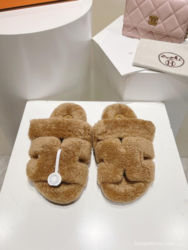 H Love Erjiu Full Wool Slippers with Slightly Curled Fur - LY00270