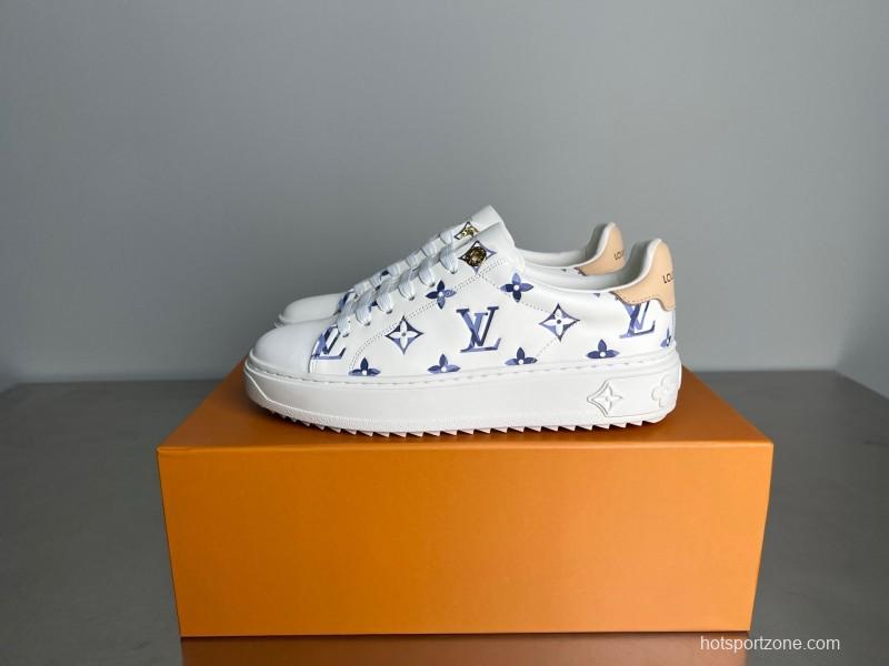Louis Vuitton Time Out Cherry Blossom Collection Leather Round Toe Flat Low Top Sneakers Women's - YC
