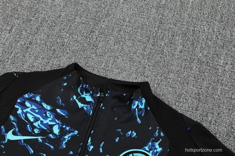 Player Version 25/26 Inter Milan Black with Blue Water Splash Pattern Half Zipper Jacket Tracksuit +Long Pants