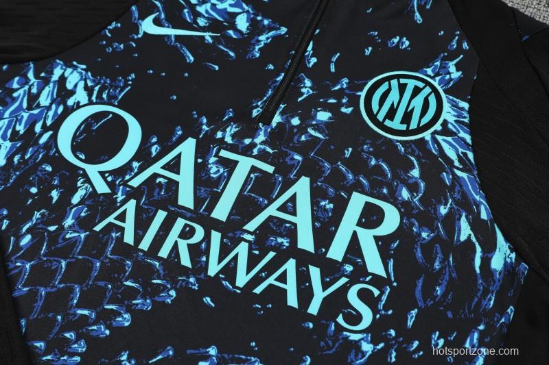 Player Version 25/26 Inter Milan Black with Blue Water Splash Pattern Half Zipper Jacket Tracksuit +Long Pants