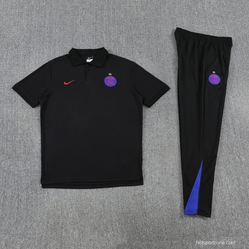 26/27  Paris Black Polo Training Shirt + Long Pants Tracksuit