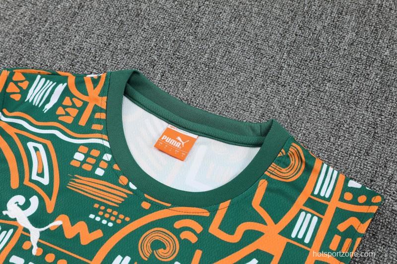 25/26 Côte d'Ivoire Green Tribal Print Sleeveless Training Vest +Shorts Set