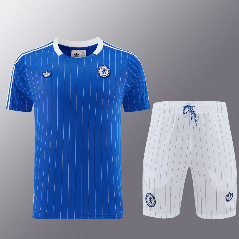26/27 Chelsea FC  Blue  Stripes Short Sleeve+ White Soccer Shorts