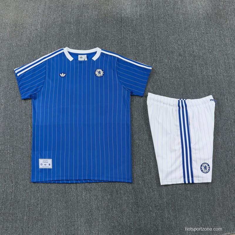 26/27 Chelsea FC  Blue  Stripes Short Sleeve+ White Soccer Shorts