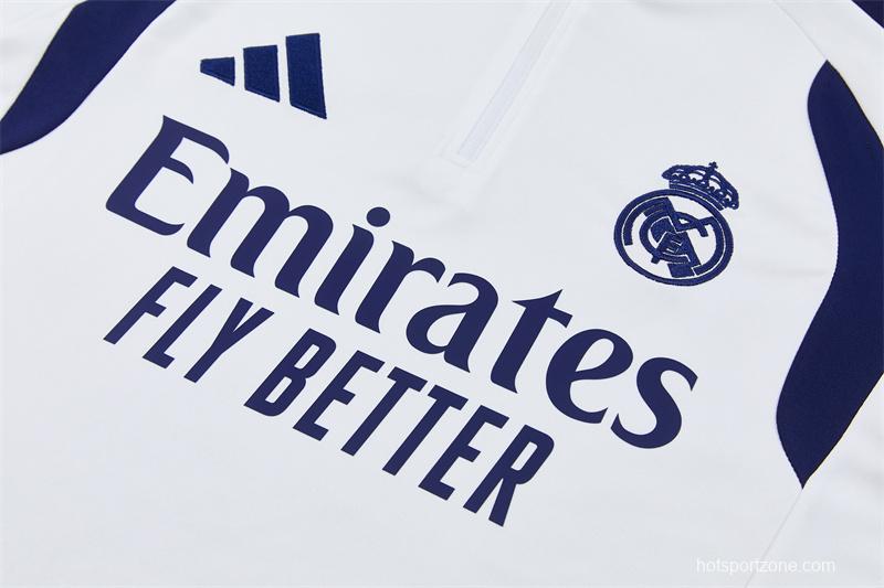 26/27 Kids Real Madrid Home White Half Zipper Jacket Tracksuit + Long Pants