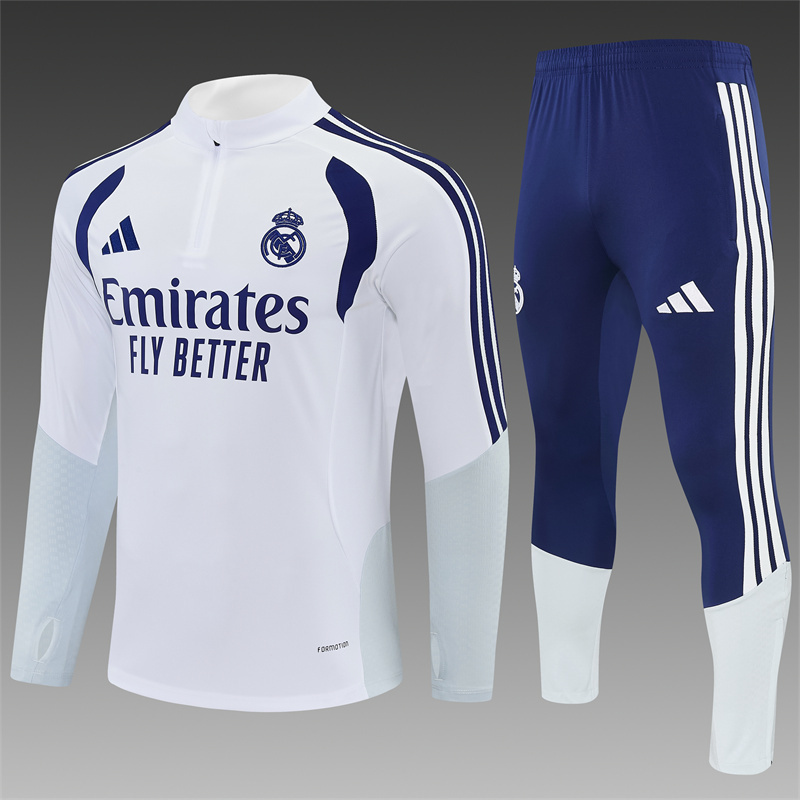26/27 Kids Real Madrid Home White Half Zipper Jacket Tracksuit + Long Pants