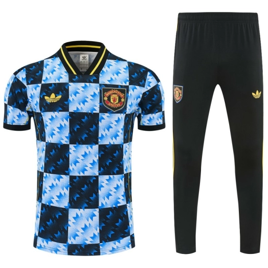 26/27 Manchester United Blue & Black Checkerboard Short Sleeve Tracksuit + Long Pants