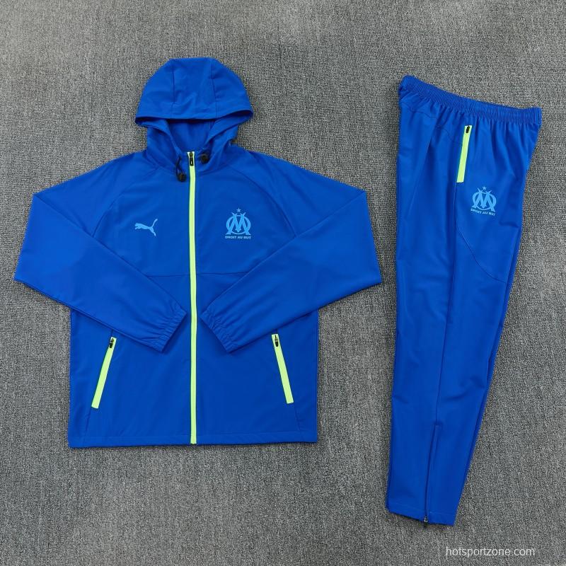 26/27 Marseille  Blue  Full Zipper  Hooded Jacket Tracksuit +  Long Pants