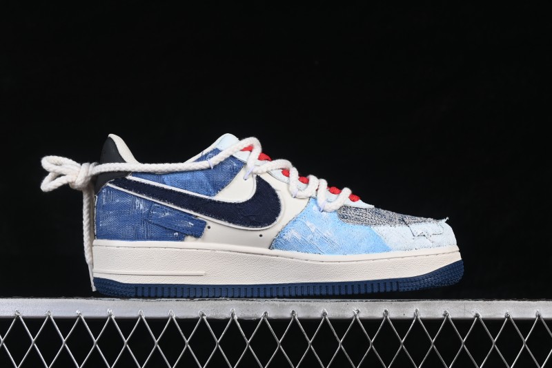 Nike Air Force 1 '07 Low Hand-Drawn Sneakers with Indigo-Dyed Denim and Leather Upper - FB0607-707