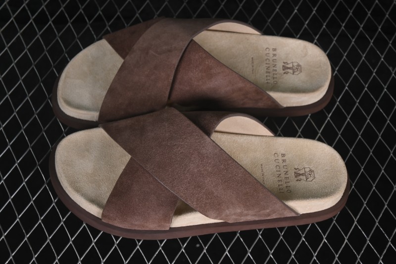 Brunello Cucinelli Suede Flat Slip-On Open Toe One-Band Slippers - MZUSOLY327CAY70 BROWN