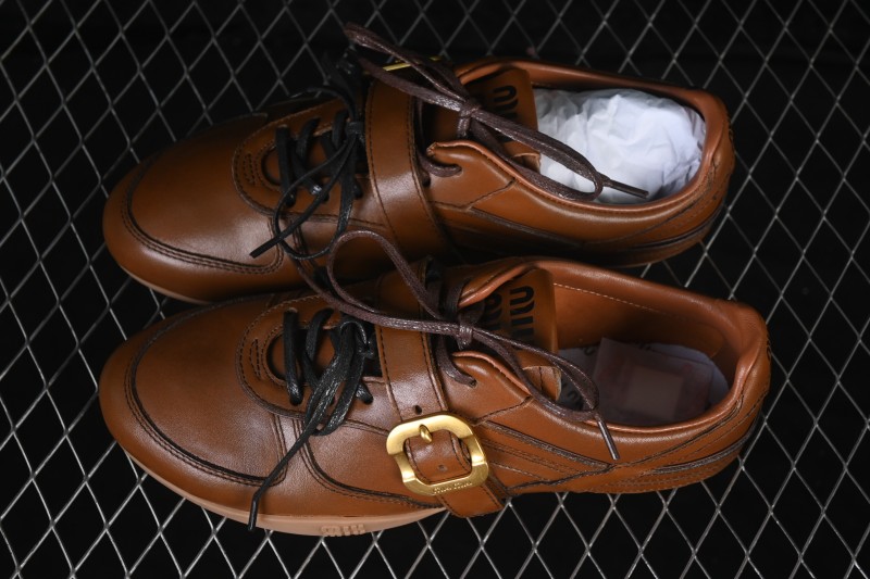 MiuMiu Gymnasium FW25 Calf Leather Buckle Lace-Up Low-Top Casual Shoes - Brown