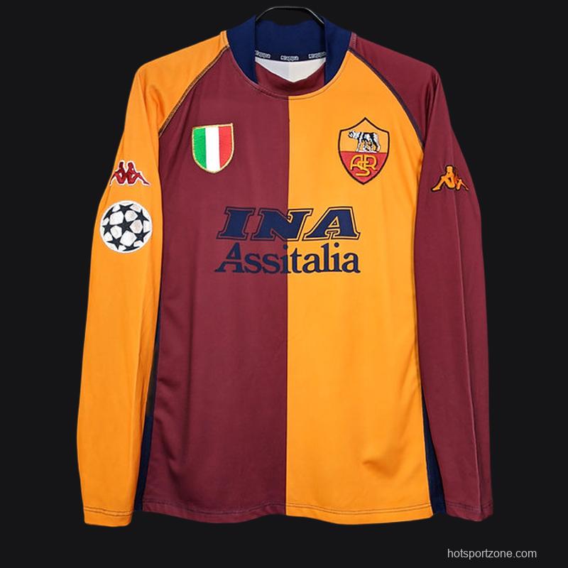 Retro 00/01 AS Roma Home Long Sleeve Jersey With Champion Patches
