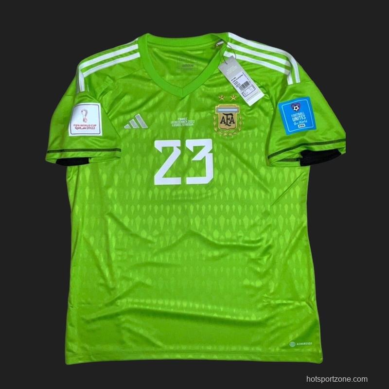3 Stars 2023 Argentina Green E.Martinez Goalkeeper Final Match Jersey With Full Patches
